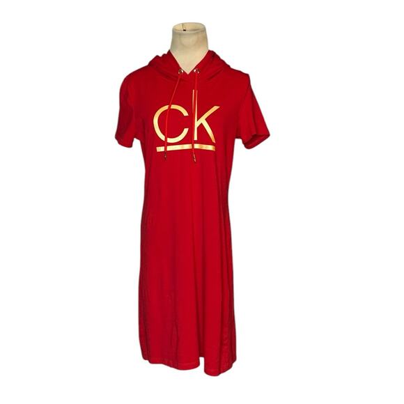 Calvin Klein red short sleeves mini hoodie dress size Medium - Picture 1 of 16